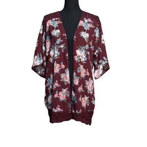 Taylor & Sage Red Floral Open Front Lightweight Kaftan Women's M Medium